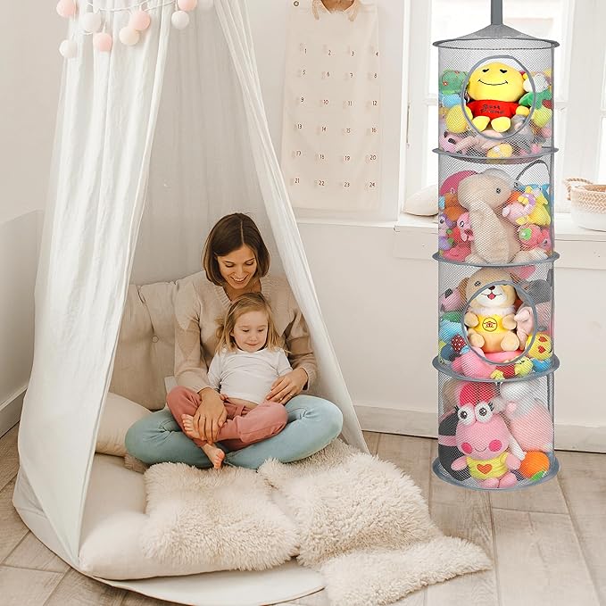 Stuffed Animal Storage Foldable Stuffed Animal Net or Hammock Organizer, 4 Compartments Hanging Mesh Toy Storage Organizer for Kid Room Toys, Gloves, Hats, Socks（Gray）