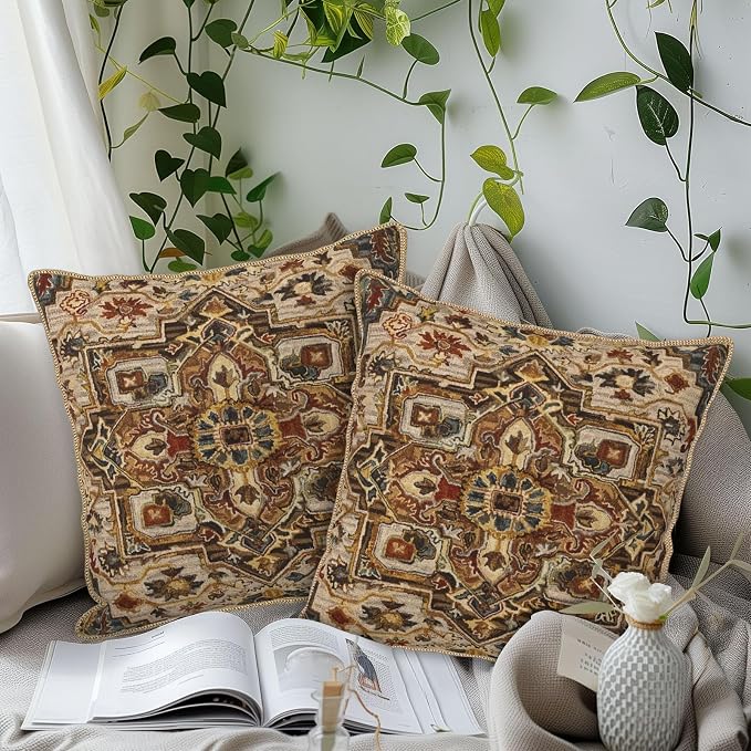 KSLIDS Boho Brown Soft Velvet Throw Pillow Covers Set of 2 Vintage Bohemian Rug Carpet Decorative Pillow Covers 16x16 Inch Antique Ethnic Pillow Case for Sofa Couch Living Room Home Decor