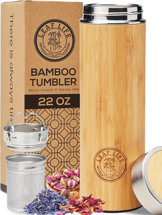 LeafLife Premium Bamboo 22oz Tea Bottle – Infuser Bottle – Insulated Coffee & Beverage Tumbler – Gift Set & Accessories