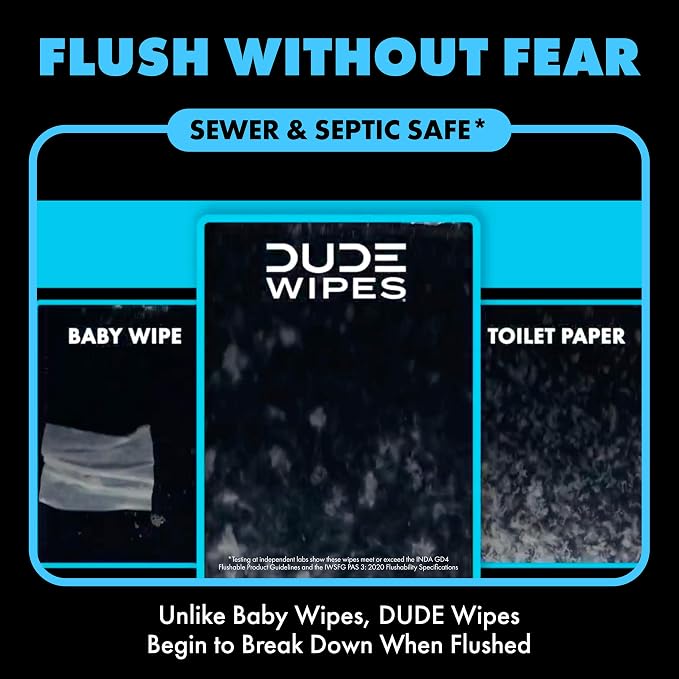 DUDE Wipes Unscented Flushable Wipes - Extra-Large Adult Wet Wipes for Sensitive Skin - 3 Pack (144 Count) - Infused with Vitamin E and Aloe - Septic and Sewer Safe
