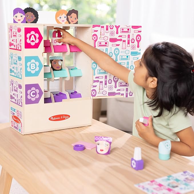 Melissa & Doug Sort, Stock, Select Beauty Kiosk Vending Machine Play Set, Pretend Makeup Wooden Toy for Boys and for Girls 3+ - FSC Certified