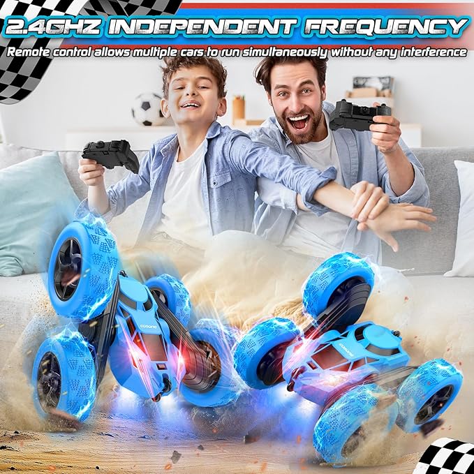 cosone Remote Control Car, RC Cars Toys for Kids Ages 6-12, 4WD Stunt Car with LED Lights & 360° Flips, 2.4GHz, Upgraded USB-C Modular Batteries, 6-10 Year Old Boys Birthday Gift - Blue