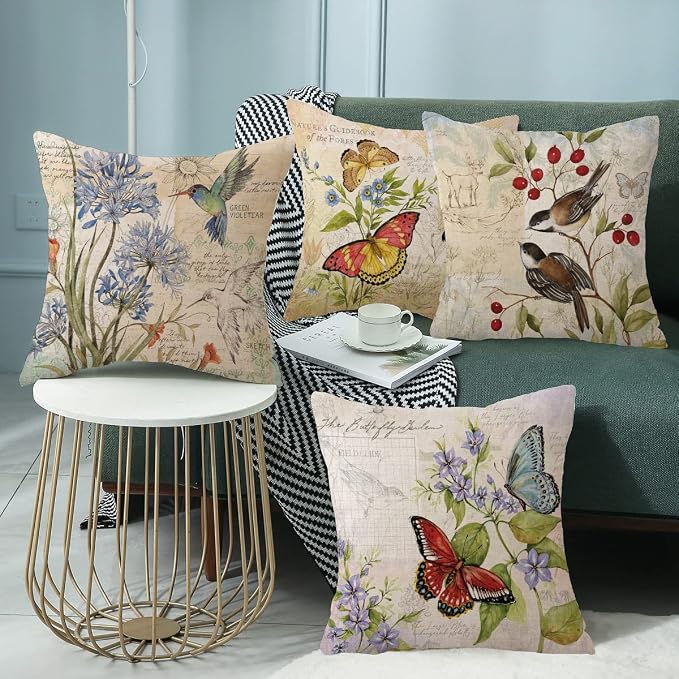 wyooxoo Farmhouse Pillow Covers 18x18 Set of 4 Spring Summer Throw Pillow Covers Linen Flower Butterfly Bird Decorative Pillowcases for Sofa Couch Living Room Outdoor