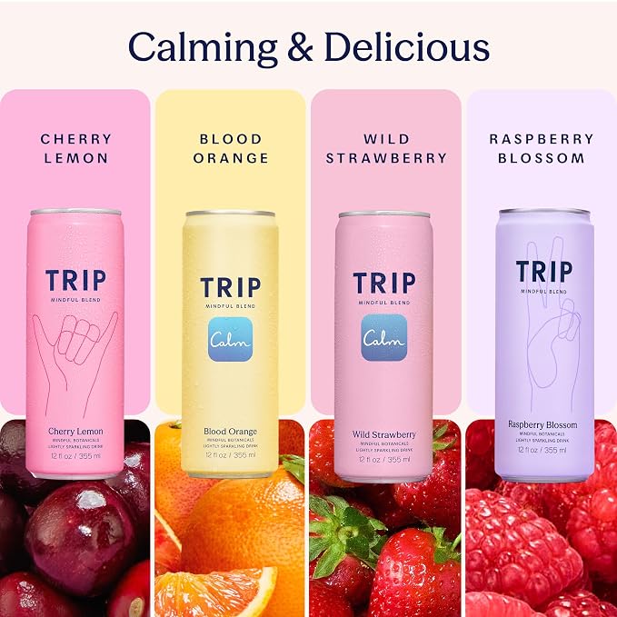 TRIP Lightly Sparkling Adaptogen Seltzer, Non-Alcoholic Mocktail with Magnesium, Ashwagandha, Lions Mane & L Theanine, No Added Sugar, Vegan, Citrus Berry Variety Pack, 12 Oz, 12Pk