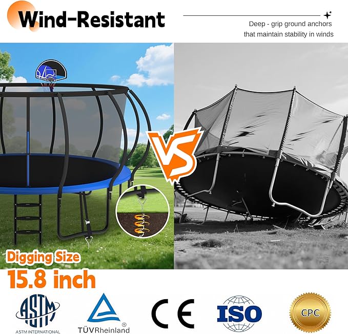 DeepRoar 2026 Upgraded 8/10/12/14/15/16FT Pumpkin Tranpoline for Kids, Heavy Duty 1500LBS Outdoor Tranpoline Set with Basketball Hoop, Light, Sprinkler & Socks, Recreational Trampolings, ASTM Approved