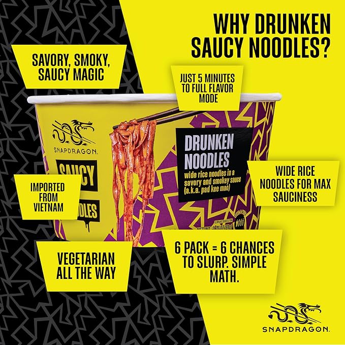 Snapdragon Saucy Instant Noodles with Drunken Noodle Sauce - Quick Meal, Snack, and Lunch.6-Pack Microwave Noodles for Cup, Bowl, Ramen or Asian Stir Fry