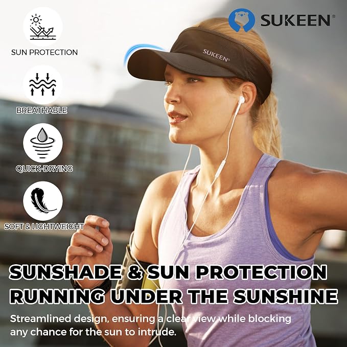 Sukeen Lightweight Sports Sun Visor Hat for Men Women | Packable, breathable, quick-dry, UPF50+ cooling visor hat, stretch fit, for running, tennis, golf, pickleball, softball