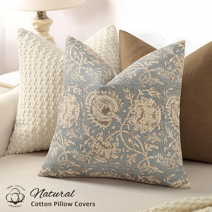 Vintage Floral Print Throw Pillow Covers 18x18 Set of 2 Neutral Modern Farmhouse Pillowcases Accent Decorative Cushion Covers Boho Home Decor for Couch Sofa Chair Bed Living Room, Sky Blue