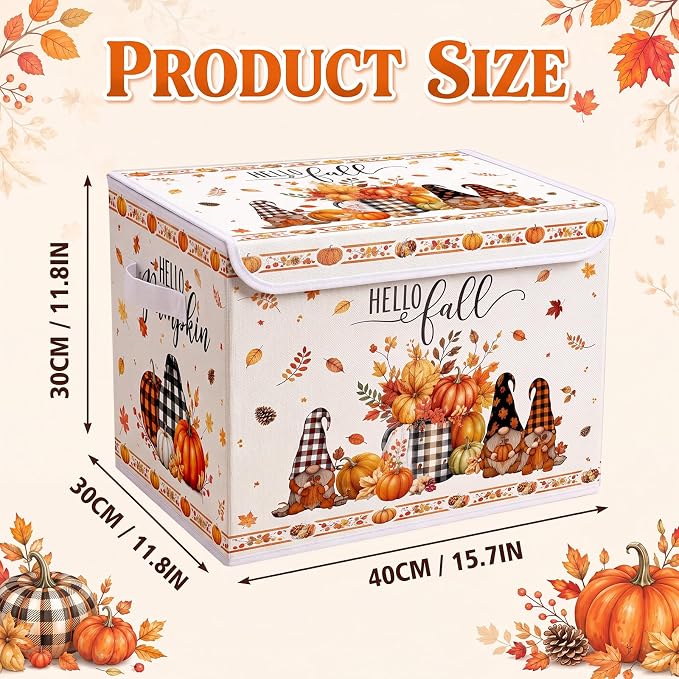Briwooody Fall Storage Bin with Lid and Carrying Handle Pumpkin Gnome Foldable Storage Box Large Autumn Harvest Decorative Collapsible Container Basket for Organizing Closet Home Bedroom Fall Gifts