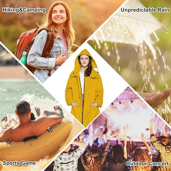LAMA Womens Long Raincoats Rain Jacket Waterproof Packable Hooded Windbreaker Lightweight Adjustable Waist for Outdoor