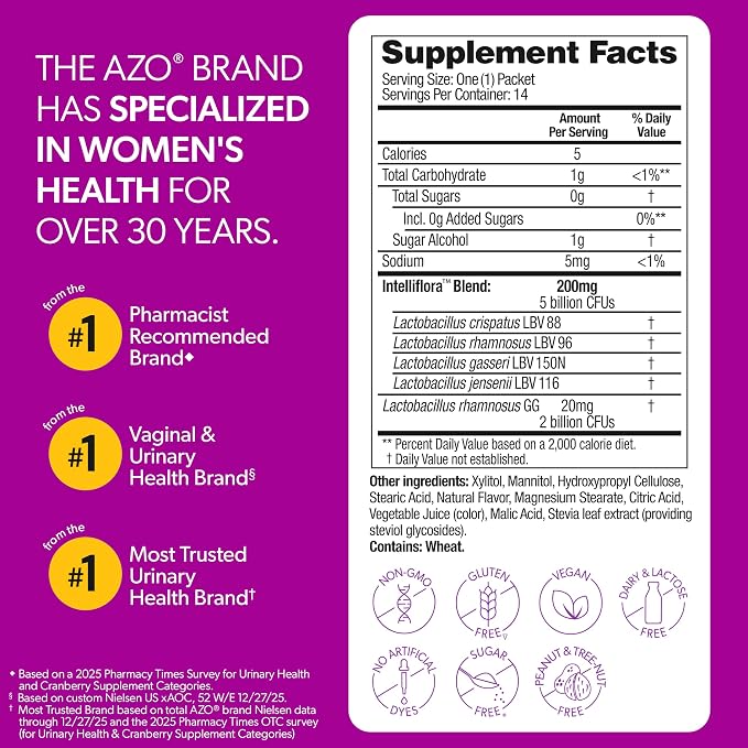 AZO Vaginal Probiotic Mini-Chews for Women, Supports Healthy Vaginal Odor, Healthy Vaginal Flora, Yeast Balance and pH*, Delicious Fruit Punch Taste, 14 Count