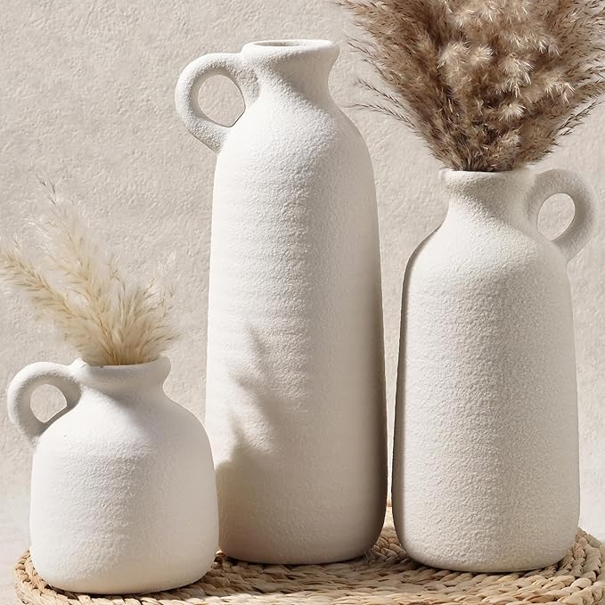 White Ceramic Vase Set of 3 with Handle, Waterproof Vases for Pampas Grass | Farmhouse Vases Home Decor for Dried Flowers, Flower Vase for Table Living Room Home Decor