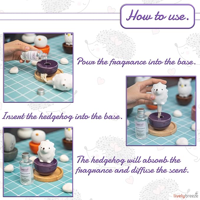 Spiky Hedgehog, Non-Electric Ceramic Diffusers for Essential Oils and Aromatherapy Fragrance, White Ceramic Diffusers in Car or Desk Office Decor and Small Bathroom at Home, Purple Vase