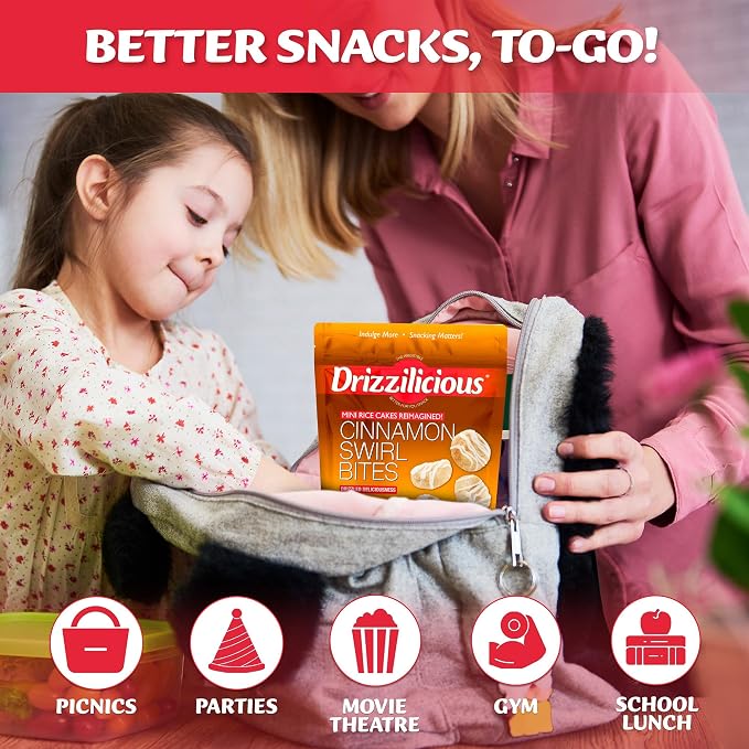 Drizzilicious Mini Flavored Rice Cakes Cinnamon Swirl - Rice Crisps, Healthy Snack for Adults and Kids, Vegan, Gluten Free Snack, Allergen Free, Only 90 Calories Per 21 Pieces - 4 oz (Pack of 1)