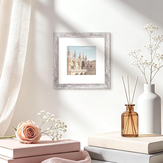 upsimples 6x6 Picture Frame, Display Pictures 4x4 with Mat or 6 x 6 Without, Wall Hanging Square Frames, Rustic White, 1 Pack