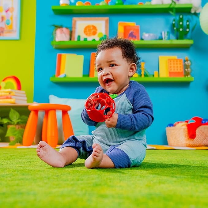 Bright Starts Oball Easy Grasp Red Apple Teether Toy, Hold My Own Collection, BPA Free, Unisex, Newborn and Up