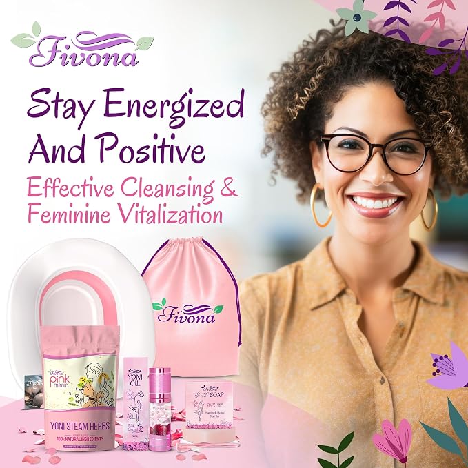 Fivona Yoni Care Kit 5-in-1 V-Steaming Set Includes Sitz Bath Seat, Pink Magic Herbs, Feminine Oil, Herbal Soap, Storage Bag, All Natural Herbal Vaginal Care Set