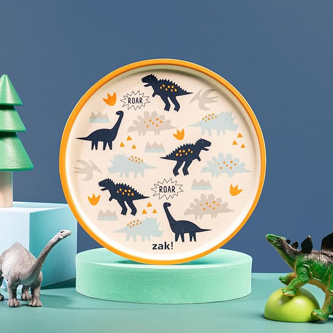 Zak Designs Kids Dinnerware Set 3 Pieces, Durable and Sustainable Melamine Bamboo Plate, Bowl, and Tumbler are Perfect For Dinner Time With Family (Zaksaurus)