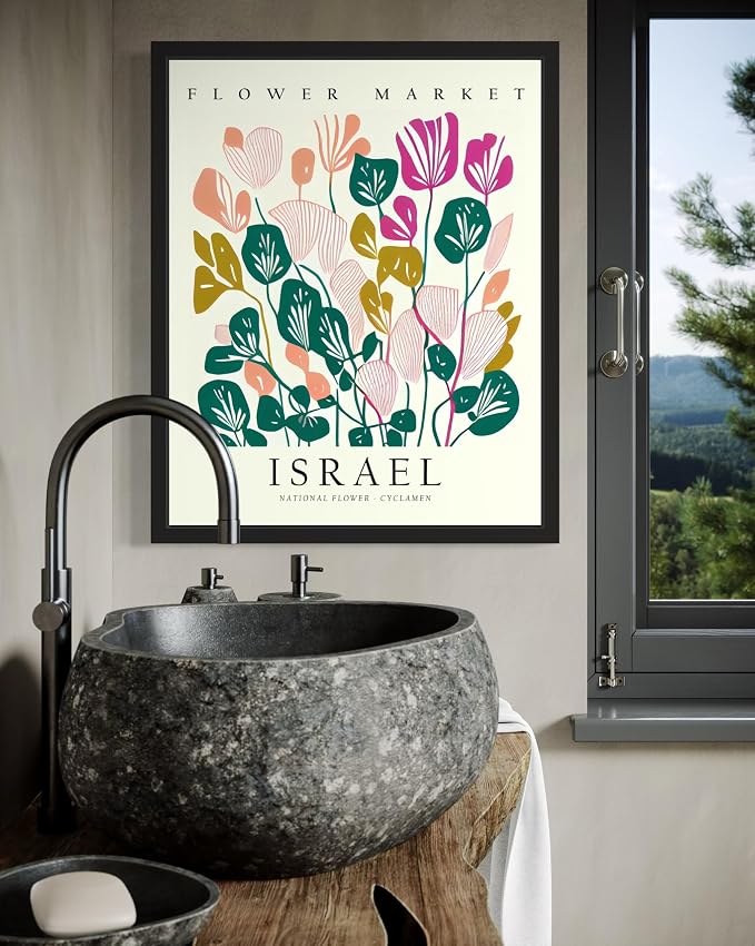 Israel, Cyclamen Art Print Poster, Flower Market Wall Art, Floral Artwork Decor for Bedroom, Kitchen, Bathroom, Livingroom Decoration 52 (Israel, Cyclamen, 14"L x 11"W, Black Frame)