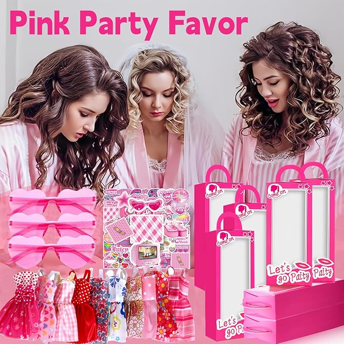 152pcs Pink Party Favors for People, Birthday Party Favors Kit Keychain Bracelet Bubble Stickers Straws Heart Sunglasses Little Skirt Hot Pink Princess Birthday Party Supplies