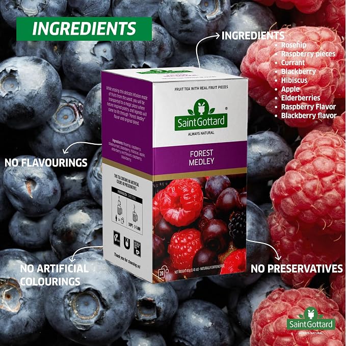 Forest Fruits Saint Gottard Premium Herbal Tea – Natural Antioxidant Botanical Blend for Cleanse & Digestive Support – 40 Tea Bags – Naturally Low in Caffeine – Pure Herbs, Fruity