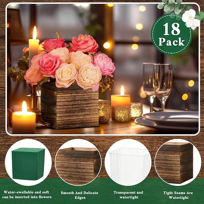 18 Set Wood Cube Planter Box Square Wood Vase Rustic Cube Planter Box with Removable Plastic Liner Floral Foam Blocks for Centerpieces Home Wedding Garden Decor, Country Style (Brown)
