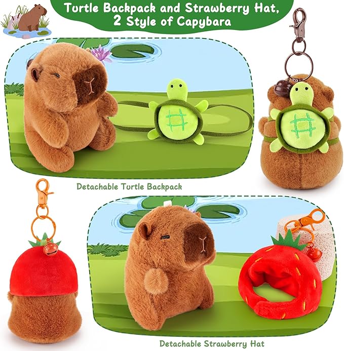 Achwishap 2PCS Capybara Plush Keychain,Cute Keychain Capybara Stuffed Animal,Soft Capybara Plush Toys Key Chain,Kawaii Plushie Stuffed Toys for Kids Adults Birthday(Turtle,Strawberry Hat)