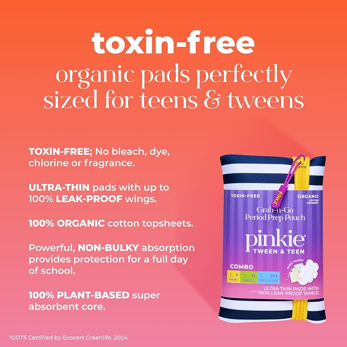 Pinkie First Period Prep Pouch w/ 4 Organic Cotton Pads for Teens & Tweens | First Period Travel Pouch with Mini, Small & Regular Ultra Thin Pads with Wings for Tweens & Teens; Fragrance & Chlorine Free