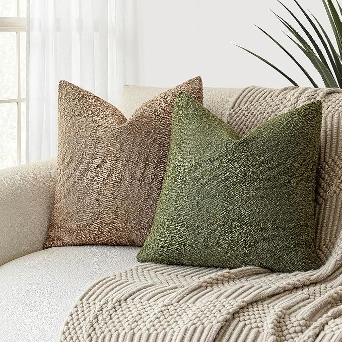Foindtower Set of 2, Decorative Textured Boucle Throw Pillow Covers Accent Solid Pillow Cases Neutral Soft Cozy Couch Cushion Case for Chair Sofa Bedroom Living Room Home Decor 24 x 24 Inch Green
