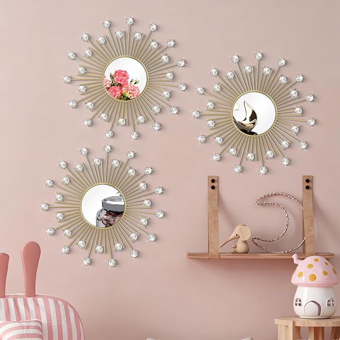 3 Pack Metal Mirrors for Wall Sunburst Wall Mirrors Home Décor Decorative Hanging Wall Art for Living Room Bedroom Entryway (Gold2 Crystal, Sunburst)