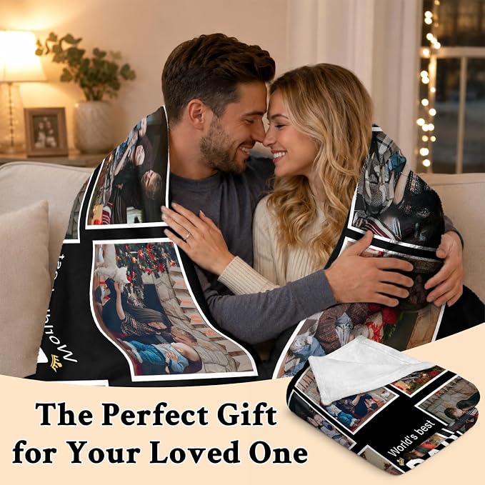 Fathers Day Birthday Gift for Dad Custom Blanket with 8 Photo & Text, Personalized Blankets with Picture to My Dad, HD Printing Customized Flannel Throw Blanket Gifts for Best Daddy Grandpa Ever