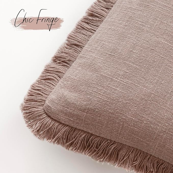 Foindtower Set of 2 Decorative Linen Fringe Throw Pillow Covers Boho Farmhouse Cushion Cover with Tassels Soft Accent Pillowcase for Couch Sofa Bed Living Room Home Decor,16×16 Inch,Dusty Pink