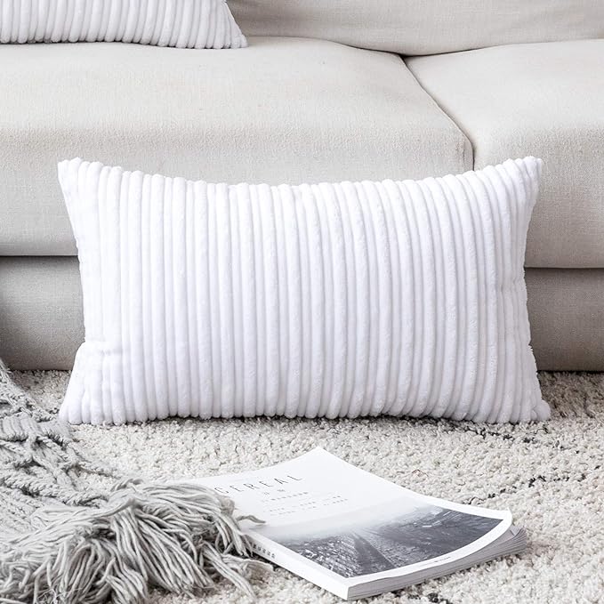 UGASA Velvet Pillow Covers Striped, Decorative Throw Cushion Case with Hidden Zipper for Home Couch/Bedroom/Car, Soft Cozy Solid Oblong, 1 Piece (12"x20", Pure White)