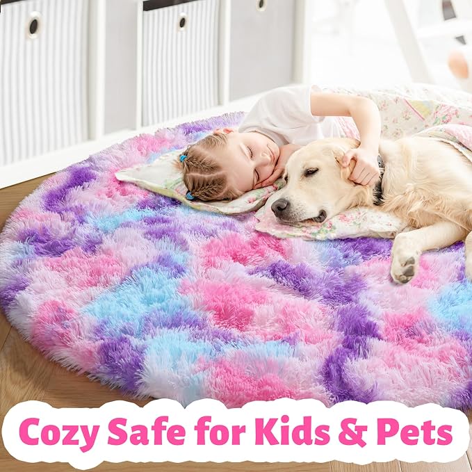 Amdrebio Pink Blue Purple Small Circle Area Rug 3Ft for Girls Bedroom, Fluffy Cute Fuzzy Colorful Pastel Kids Rugs for Nursery Playroom Classroom, Unicorn Shag Princess Round Carpet for Baby Toddler