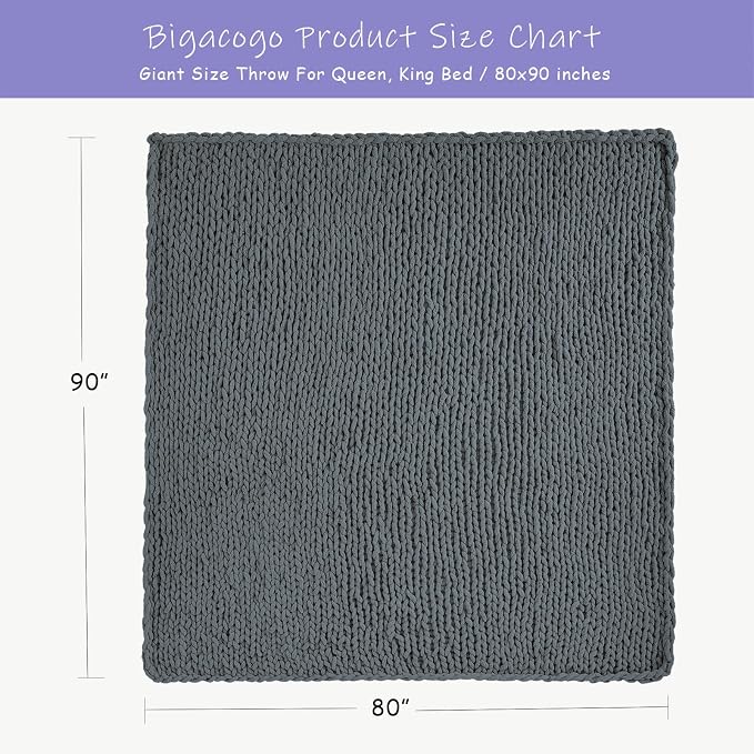 Bigacogo Chunky Knit Throw Blanket for Couch, 80x90 inches, Iron Gray | Hand Knit with Jumbo Chenille, Soft Breathable Cable Knit for Sofa Bed Living Room, Machine Washable, Gift for Mom Friend
