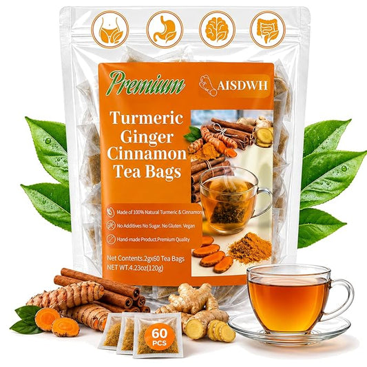 60 Premium Turmeric Ginger Cinnamon Tea, Natural Turmeric Ginger Herbal Tea, Digestive Support, Vegan, Sugar Free, Caffeine Free