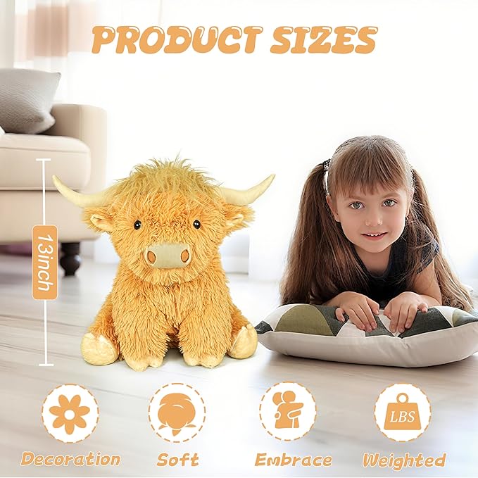 Highland Cow Weighted Stuffed Animals, 4 Lbs Yellow Highland Cow Plush 13.7 Inches, Surprise Weighted Stuffed Animals Gift for Kids Birthdays, Halloween, Christmas (Yellow)