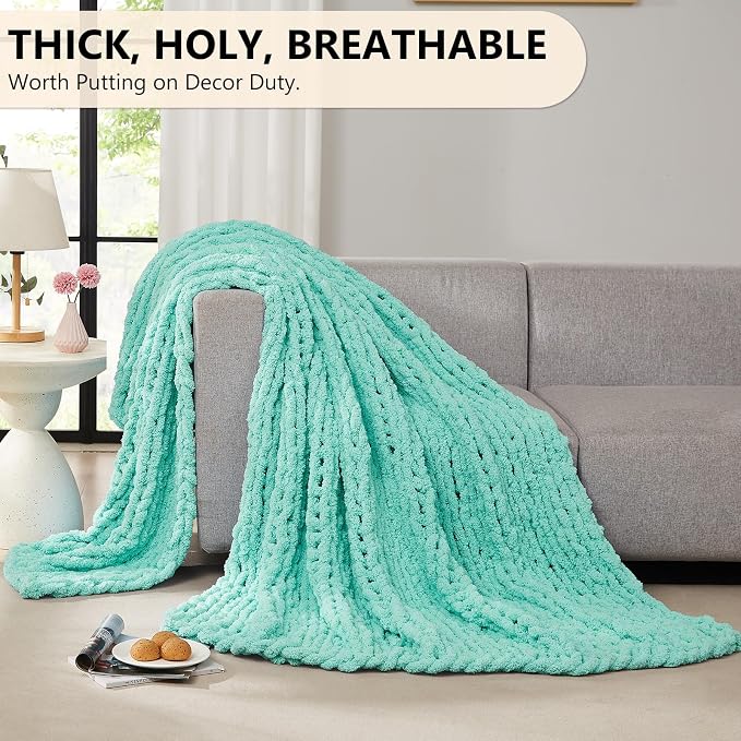 L'AGRATY Chunky Knit Throw Blanket for Couch, 50 x 60 Inches, Lake Blue | Handmade Chenille Crochet Blanket for Sofa Bed, Thick Cable Knitted Blankets for Room Home Decor, Birthday Gift for Women Mom