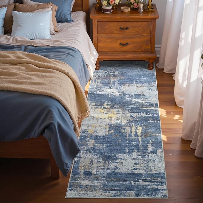 2x6 Ft Washable Runner Rug, Non-Slip Low Pile Hallway Kitchen Area Rug, Soft Long Entryway Floor Mat Abstract Pattern Carpet for Bedside & High-Traffic Areas (Blue/Gold)