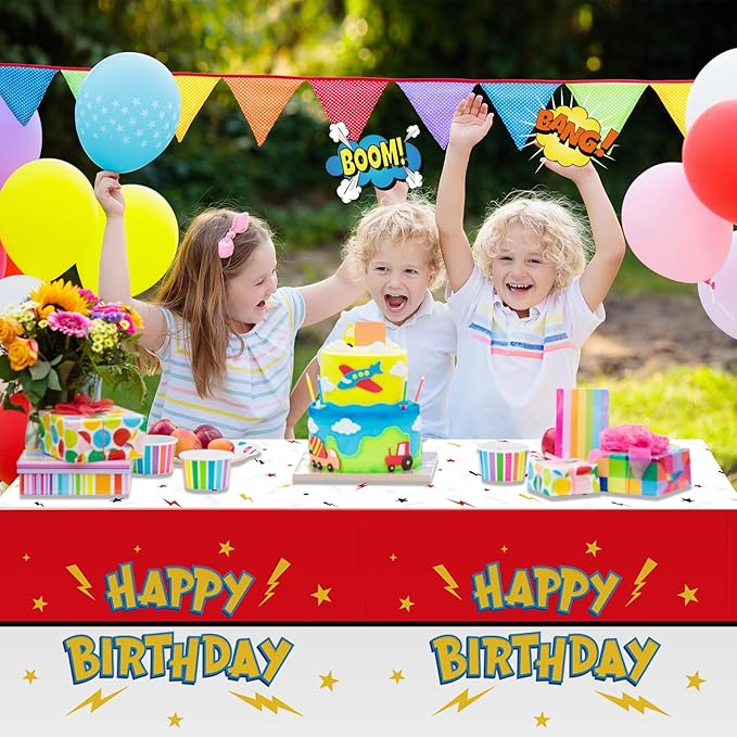 3 Pack Red White Birthday Tablecloth Party Decorations, Lightning Bolts Plastic Table Cloth, Disposable Cartoon Table Cover for Kids Birthday Baby Shower Party Supplies Decorations, 54” x 108”