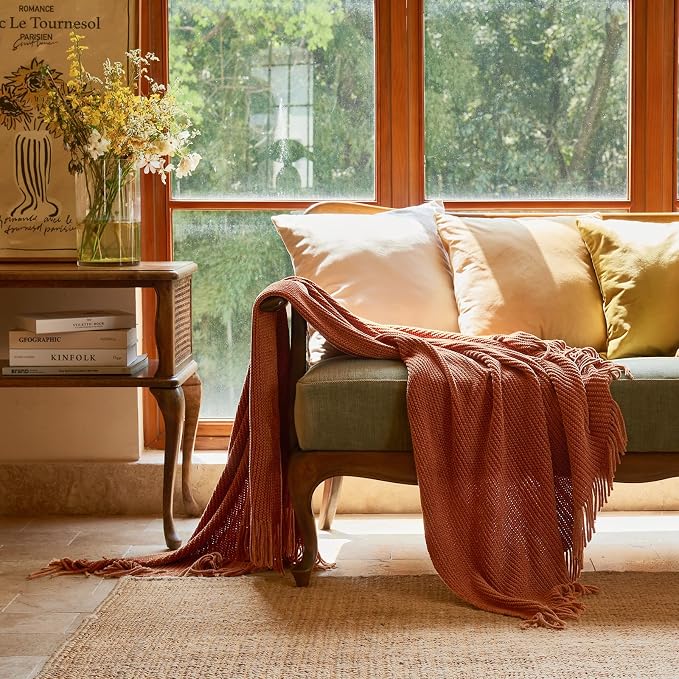 lifein Throw Blanket for Couch, Soft Boho Decor Bed Throw,Cozy Burnt Orange Chenille Knitted Small Farmhouse Lightweight Throw (Rust,60 * 80")