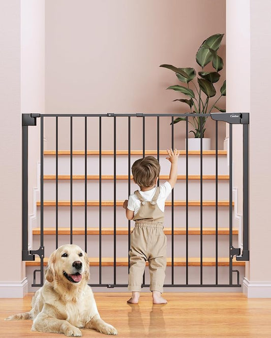 Cumbor 34" Extra Tall No Bottom Bar Baby Gate for Stairs, Hardware Mounted Dog Gate Indoor for Larger Pets, Expandable 29.2-43" Safety Gate for Doorways, Wide Walk Thru Door for Easy Access (Black)