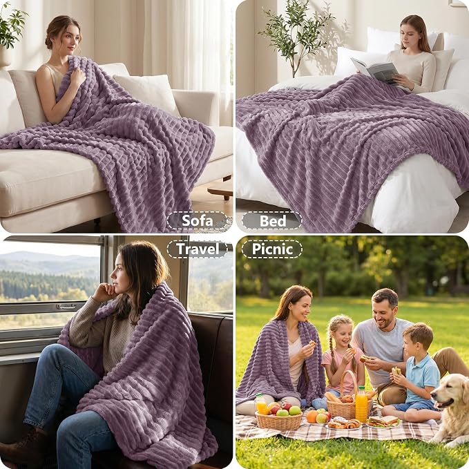 Dusty Purple Throw Blanket for Couch & Bed, 50 x 60 Inch | 300GSM Ribbed Fleece Blanket, Soft, Cozy & Lightweight, OEKO-TEX Certified, All-Season Use for Travel, Dorm & Home Decor