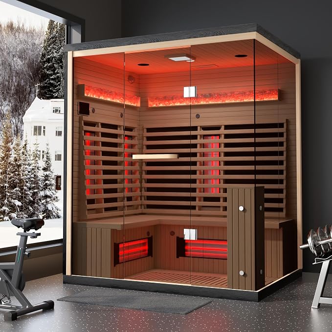 3-4 Person Infrared Sauna, Home Sauna with Himalayan Salt Panel & 10 Minutes Warm-up System, Indoor Sauna Spa Room with Canadian Hemlock&Panoramic Tempered Glass,220V