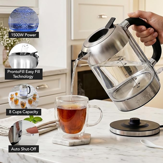 OVENTE Electric Kettle, 1.8L Tea Kettle and Hot Water Boiler For Coffee or Tea, Easy to Fill Lid, Auto Shut-Off, Borosilicate Glass with Stainless Steel Filter, 1500W, BPA Free, Silver KG71S