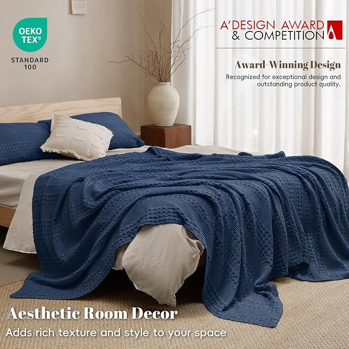 PHF 100% Cotton Waffle Weave Blanket King Size, Lightweight Breathable Summer Blanket for Hot Sleepers, Pre-Washed Soft Layer for Bed, Couch, Home Decor Gift, 108"x90", Blue Sapphire