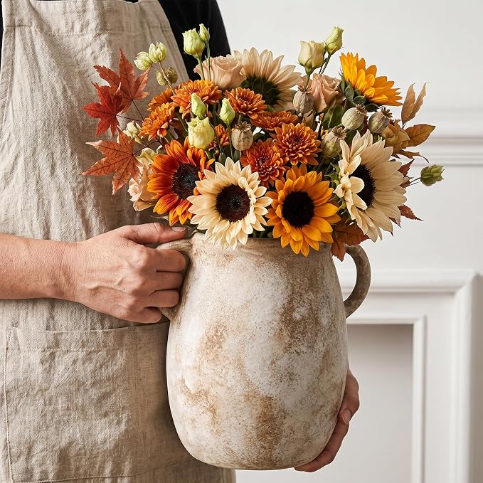 Ceramic Flower Vase with Handles, 7.9in Farmhouse Table Rustic Vases, Waterproof Pottery Clay, Flower Terracotta Vases for Home Decor, Living Room,Table, Handcrafted (Terracotta)