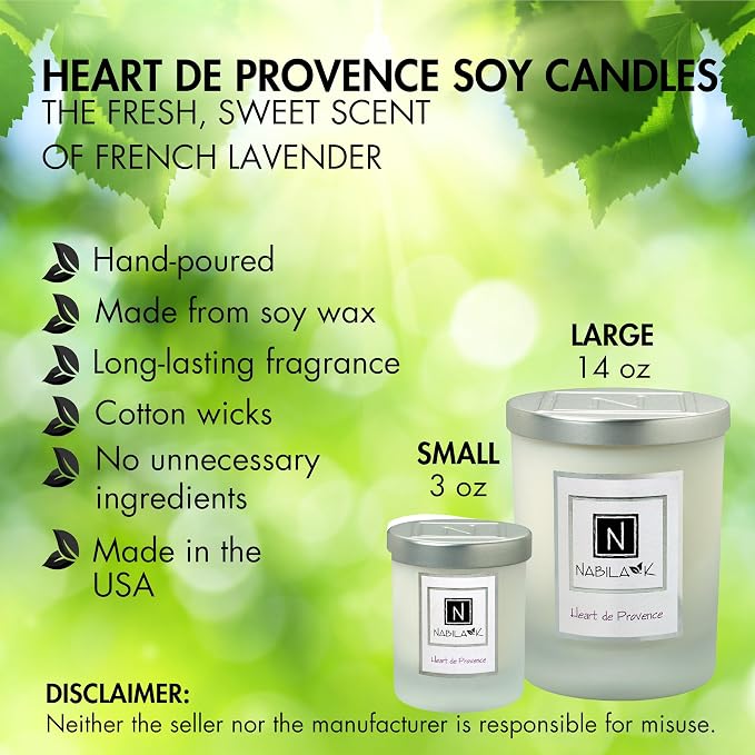 Nabila K – Heart de Provence - Soy-Based Candle – French Lavender - Hand-Poured - Cotton Wick - Aromatherapy Candle w/Essential Oils - Made in USA - 14 oz