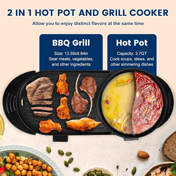 Electric Hot Pot with Grill, 2200W Shabu Shabu Korean BBQ Grill Cooker, 2-IN-1 Indoor Smokeless Non-Stick Hotpot, Separate Temperature Control, 5 Gears Firepower, for 2-10 People