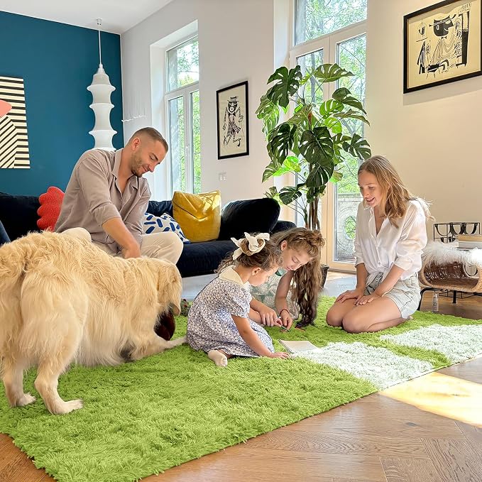 OLANLY Area Rugs for Living Room Bedroom, Machine Washable 4x5.9 ft Soft Fluffy Shaggy Bedside Rug, Indoor Floor Carpet for Kids Girls and Boys, Dorms, Nursery Rooms, Home Decor Aesthetic, Grass Green